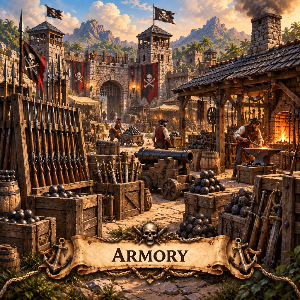 Armory building art for Claiming Cosmos: a fortress courtyard of weapons and a forge