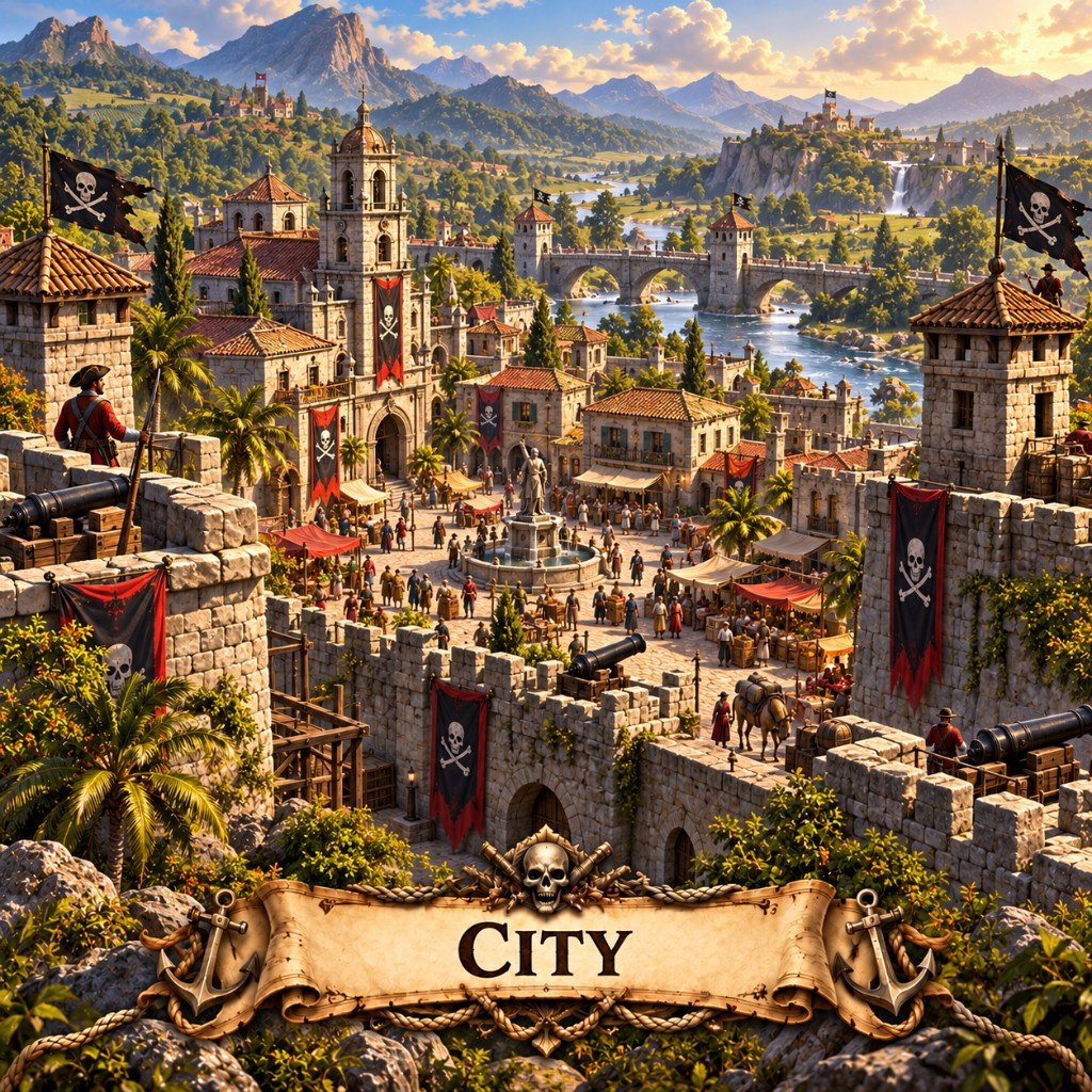 City building art for Claiming Cosmos: a fortified settlement with a market square