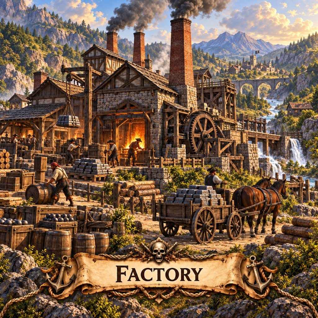 Factory building art for Claiming Cosmos: a foundry linking cities and harbors