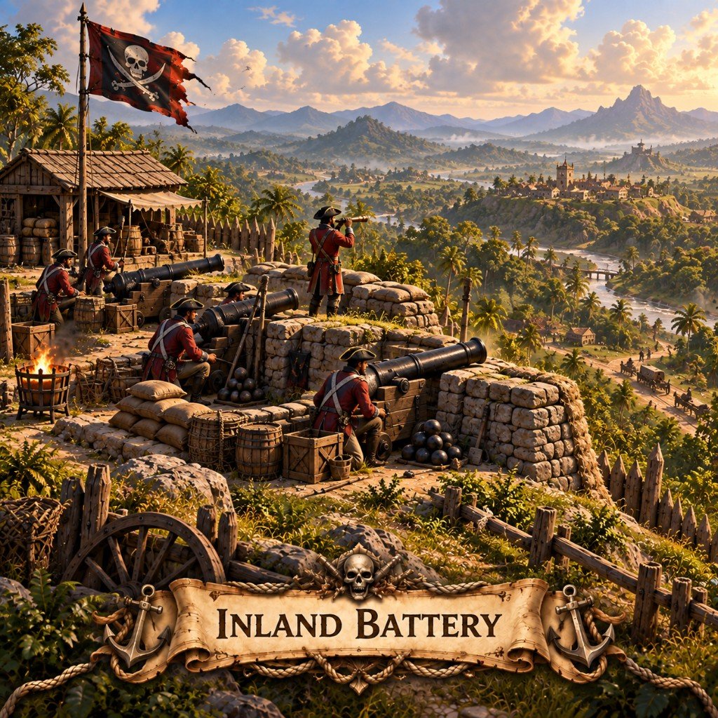 Planetary Battery art for Claiming Cosmos: hilltop cannons overlooking a valley