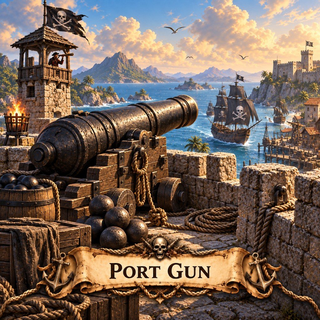 Anti-ship Battery art: a coastal cannon on stone battlements