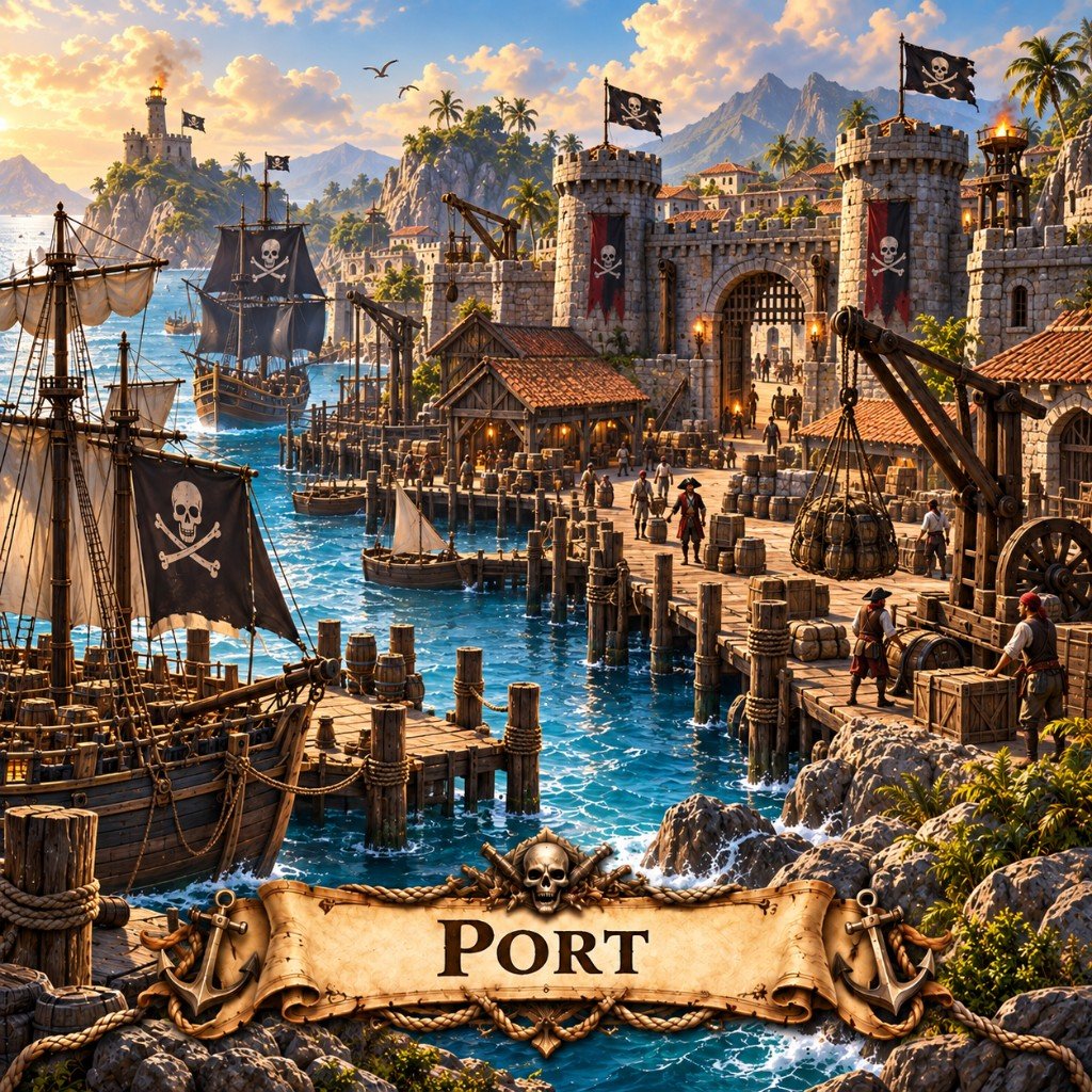 Harbor building art for Claiming Cosmos: docks on planet water with cranes and hulls