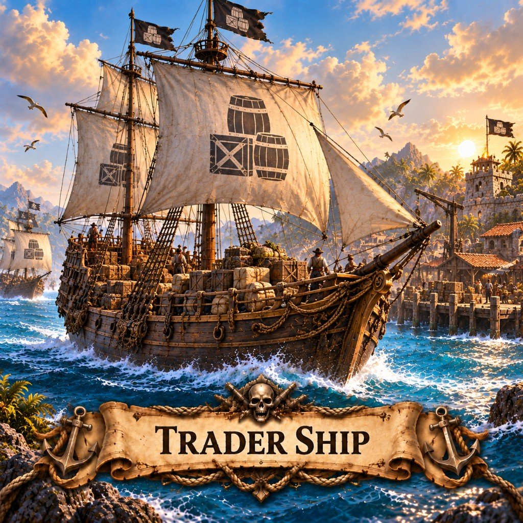 Trader Ship art for Claiming Cosmos: a merchant hull carrying barrels and crates