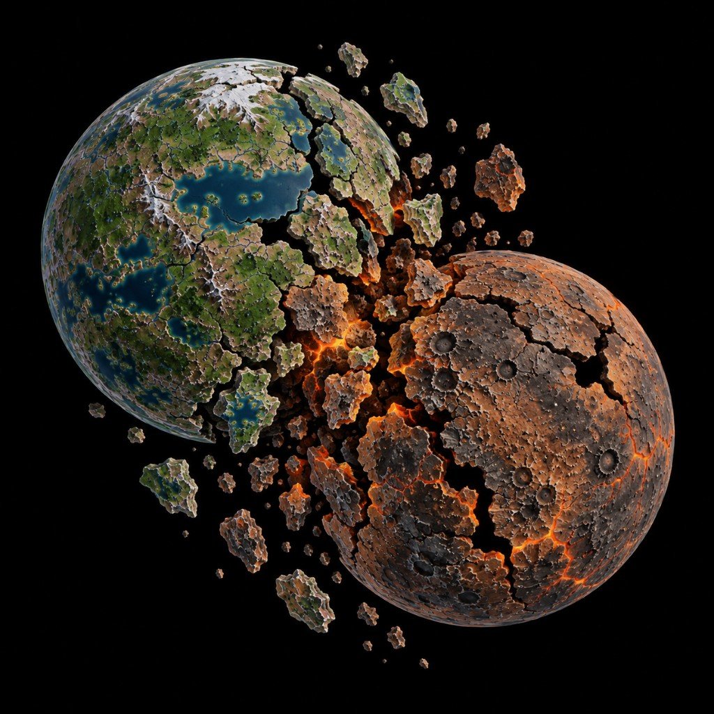Collision map: two planets smashing together with space visible through crust cracks