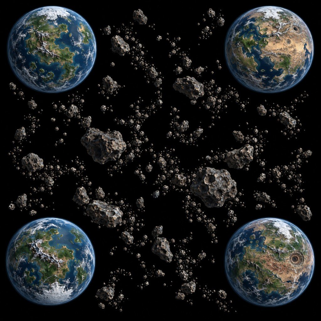 Four for War map: four Earth-like worlds in the corners around a dense asteroid belt