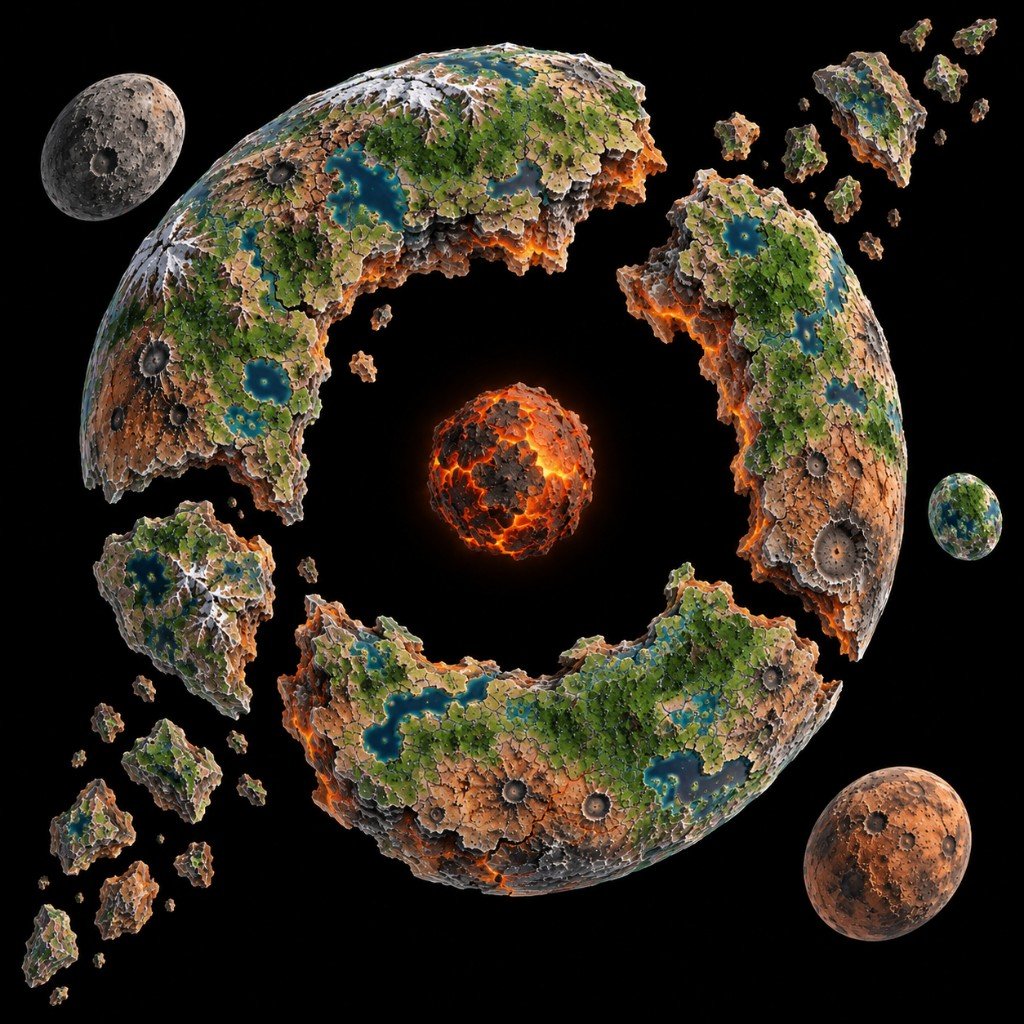 The Hollow World map: a shattered planetary shell around a molten core, with nearby moons