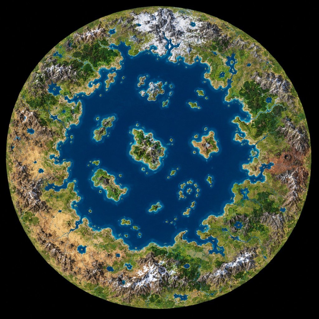 One Big World map: a single circular world with a central sea, islands, and a ring of continents