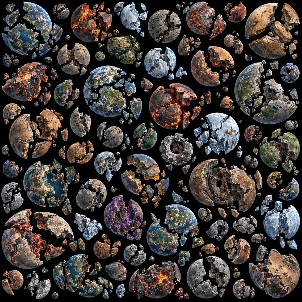 Shattered map: dozens of broken planets and moons packed into one field of debris