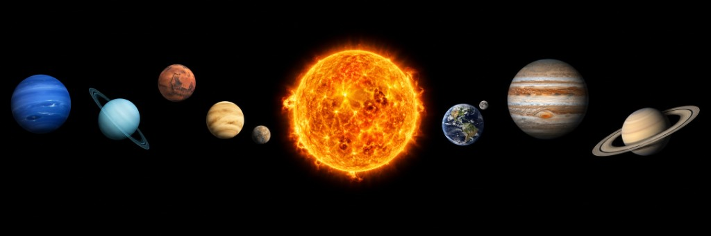 Sol System map: the Sun and planets in a line across black space